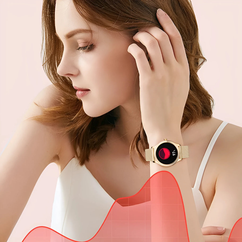 Women's smart watch with Bluetooth calling in gold Milan steel finish showing TFT screen display