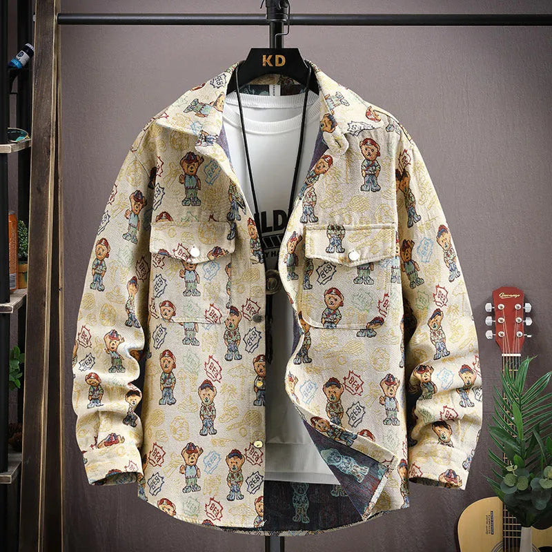 Personality casual lapel shirt coat in a colour option, shown with long sleeves and straight hem.