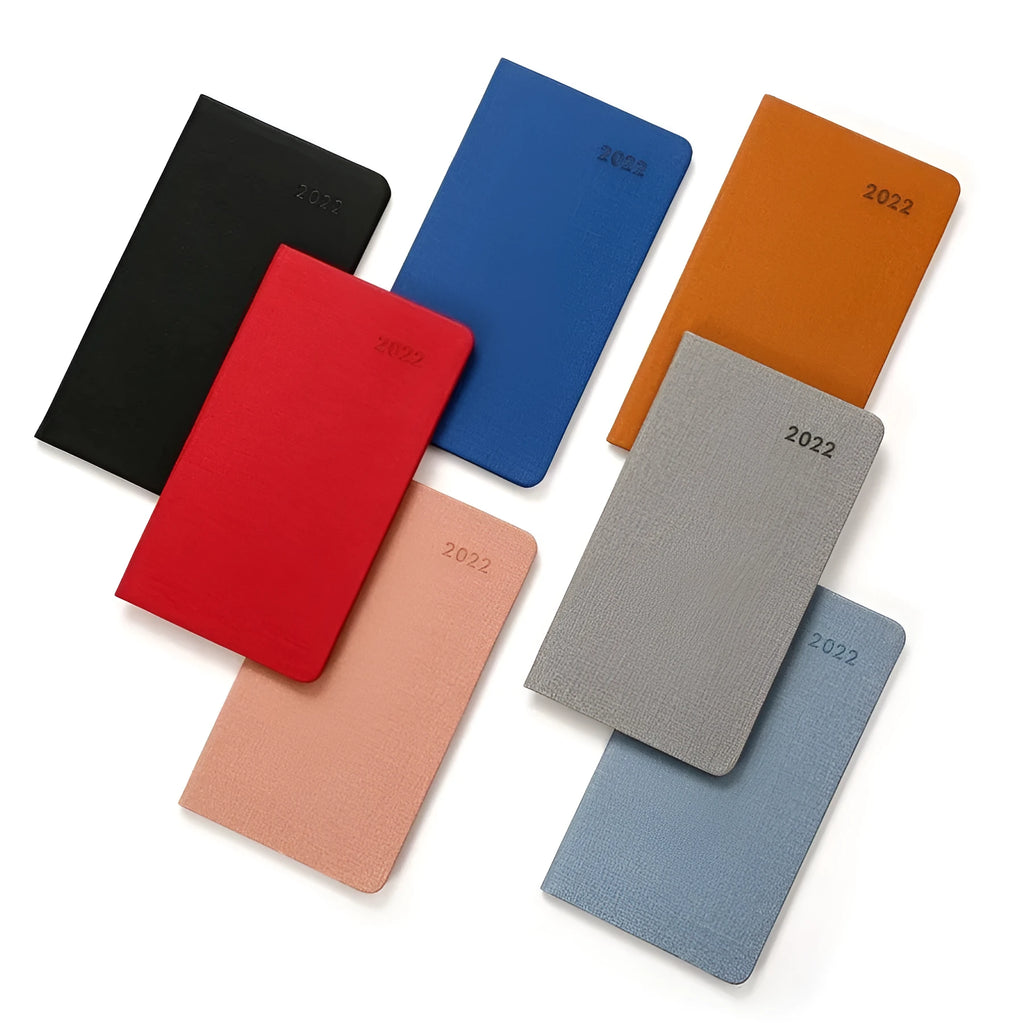 Monthly plan pocket business office notebook with PU leather cover in six colour options sky blue black red pink yellow brown royal blue gray