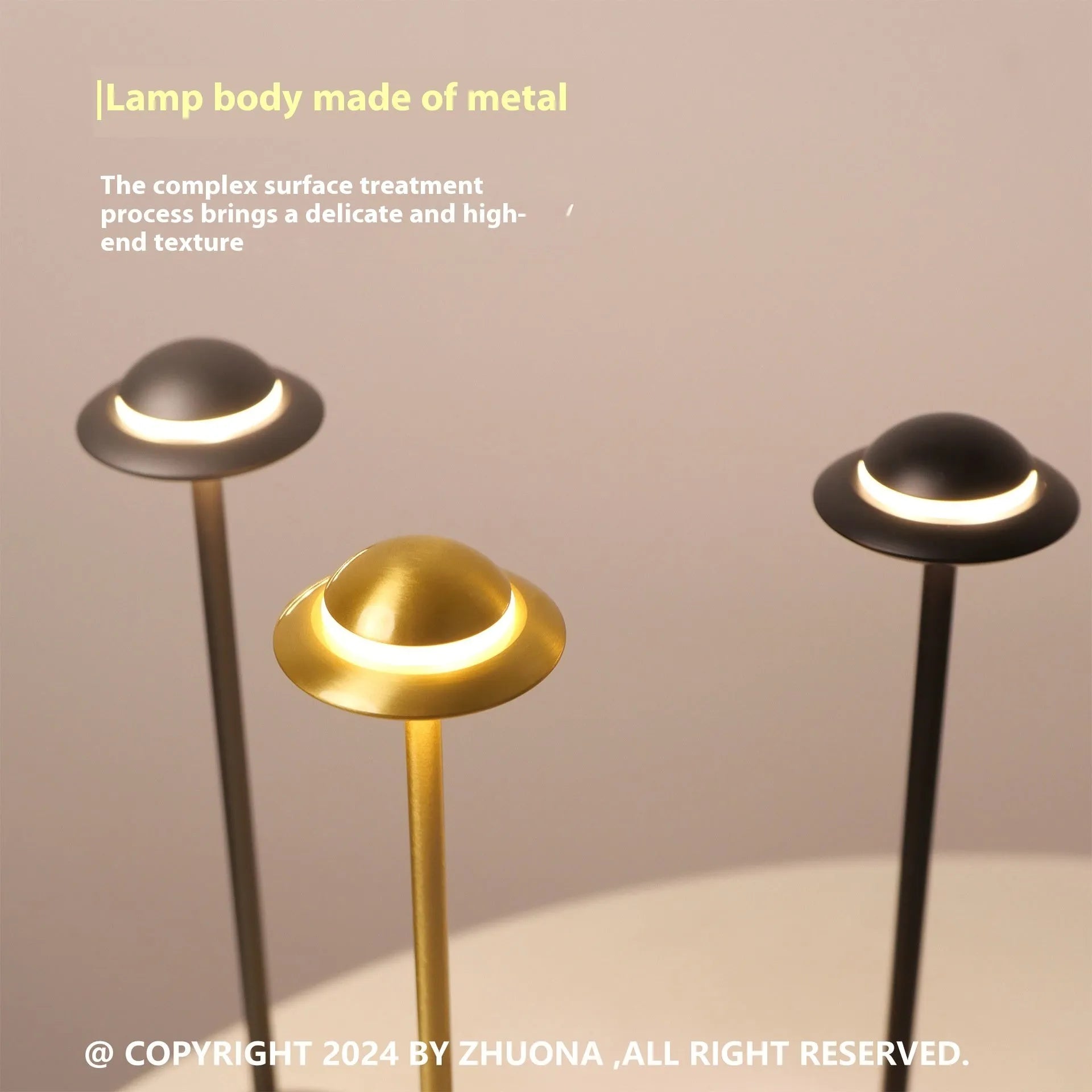 Modern UFO-shaped metal table lamp in grey on a wooden desk, showing touch controls and sleek design.