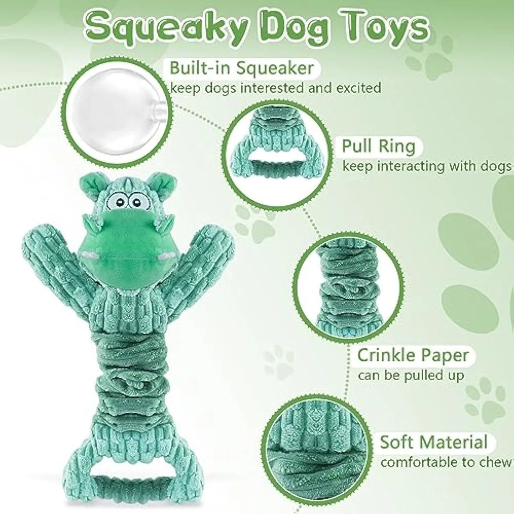 Large squeaky plush dog toy in hippo or monkey design with telescopic handle for tug of war
