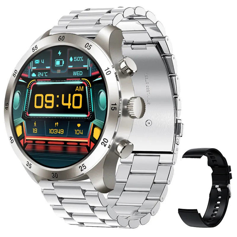Black steel smart watch with touch screen displaying heart rate data on a wrist