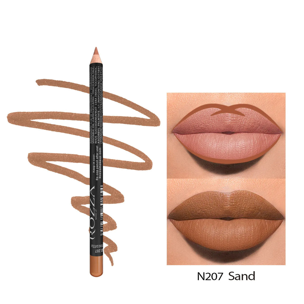 Long-lasting matte lip liner pencil in a wooden case, shown with colour swatches of its 14 available shades.