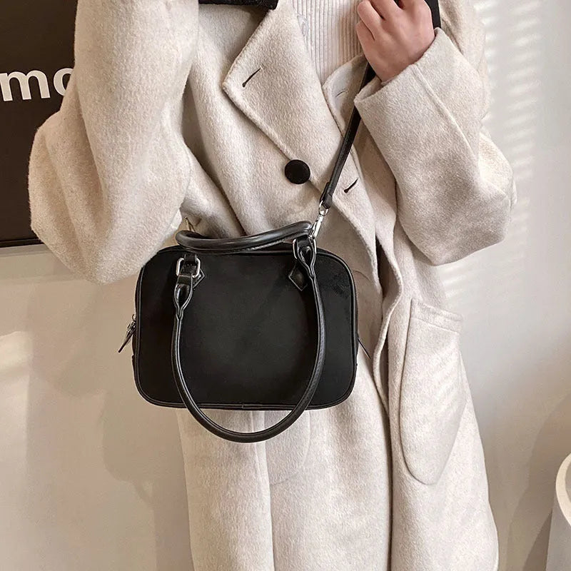 Women's crossbody suede-style PU leather handbag in horizontal square shape, available in multiple colours