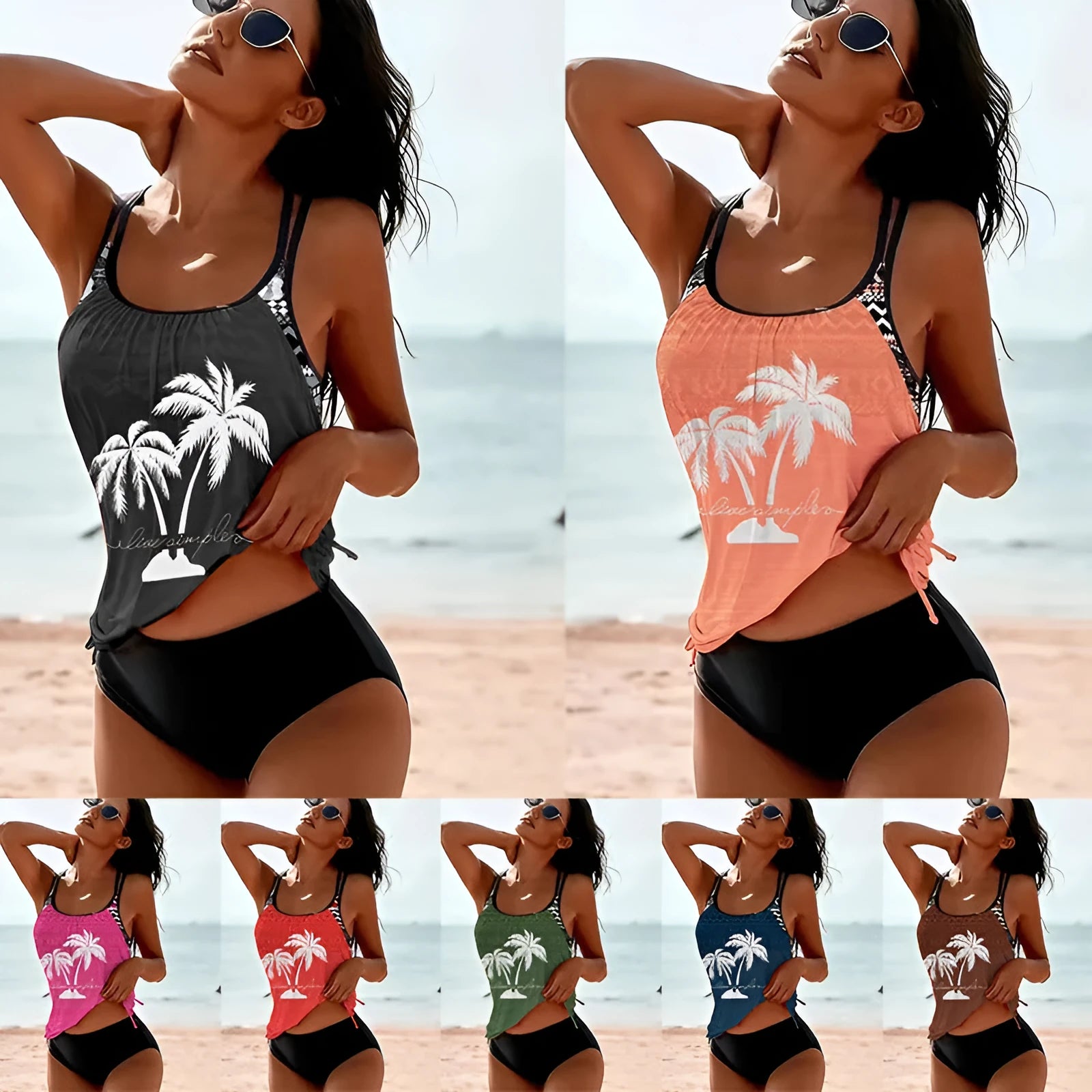 Women's loose tangini briefs bikini set in polyester showing colour options and loose fit design