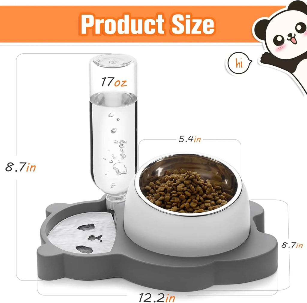 Grey panda-shaped tilted pet feeder with stainless steel bowls and a large automatic water bottle on a wide base.