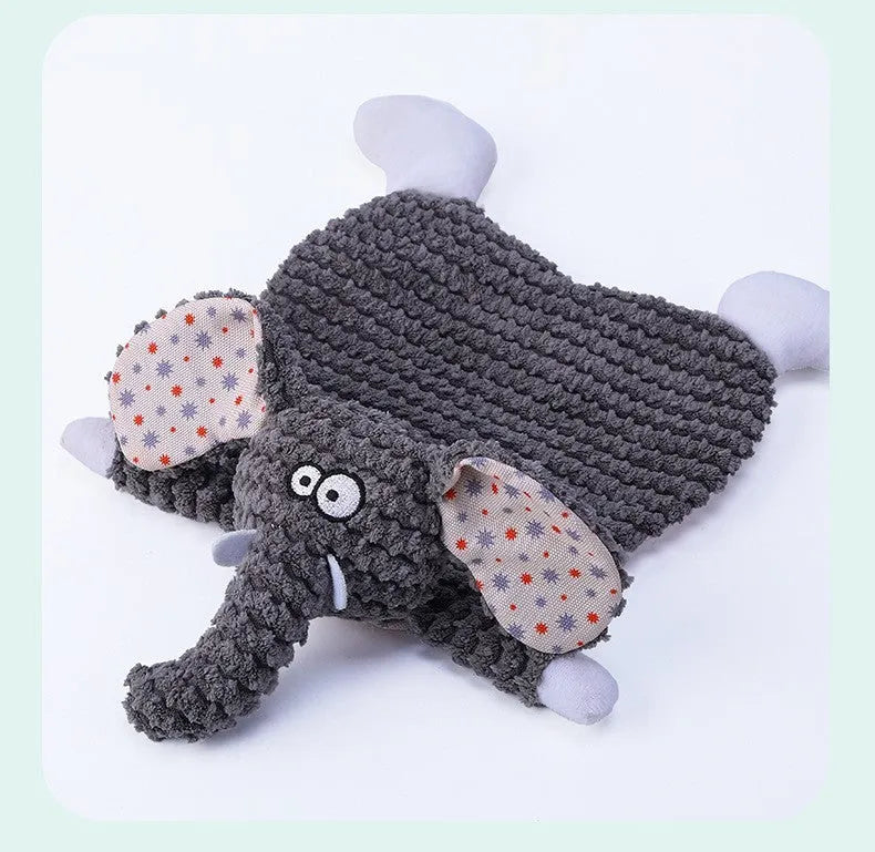 Brown, grey, or orange velvet plush pet toy shaped like a fox elephant with crinkly sound paper inside