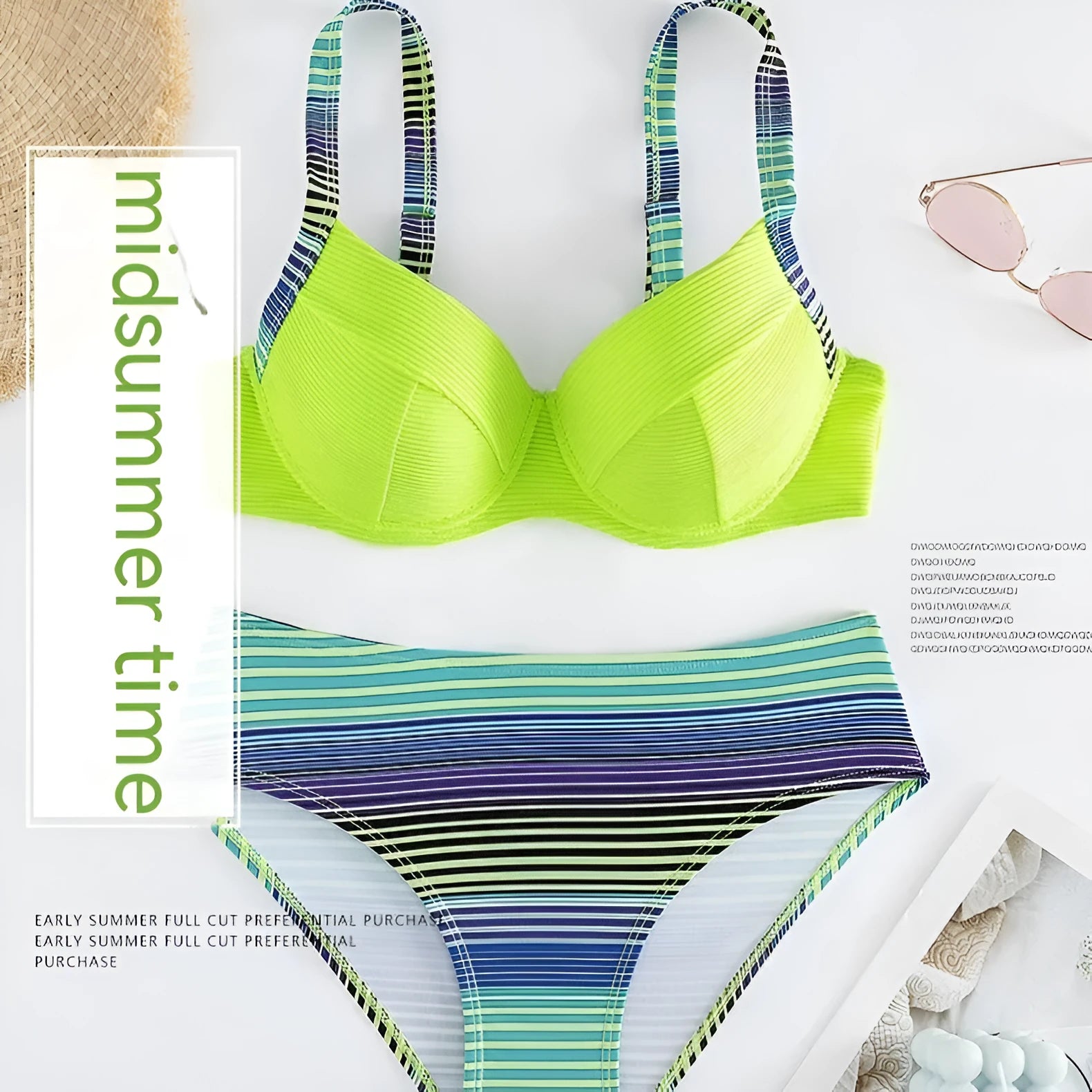 Green printed women's halter bikini set with briefs bottom