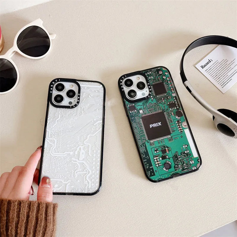 Circuit board acrylic phone case with hard PC shell for Apple iPhone, shown in IC Board or White Circuit Board colour.