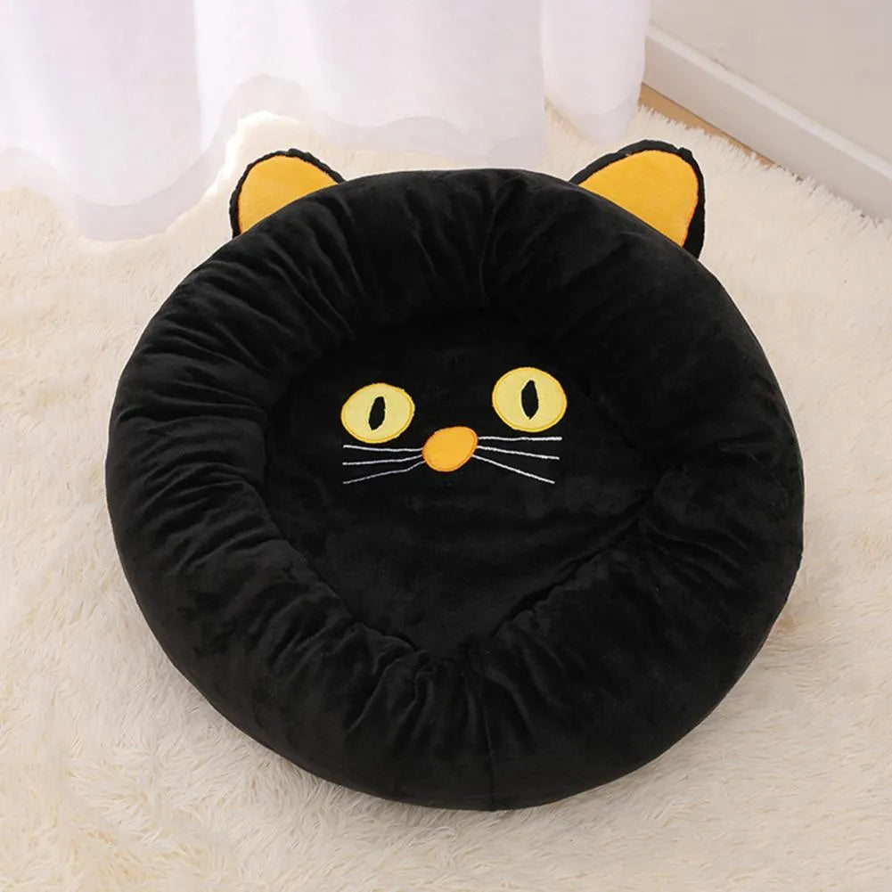 Black cat-shaped velvet pet nest bed with raised edges in two size options