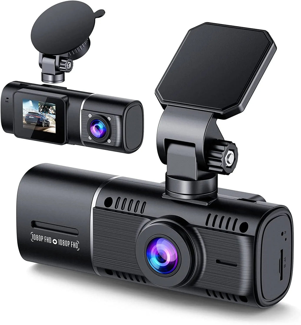 Black dual-channel car dash camera with 1.5-inch screen mounted behind rear-view mirror