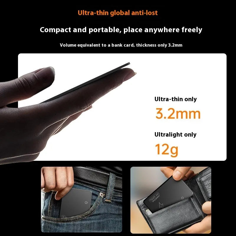 MFI AirTag compatible anti-lost tracking card with keychain attachment measuring 84x52x1.5mm