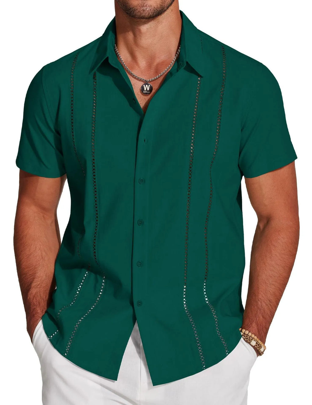 Men's slim fit Hawaiian short sleeve shirt with digital printed pattern on elastic polyester fabric