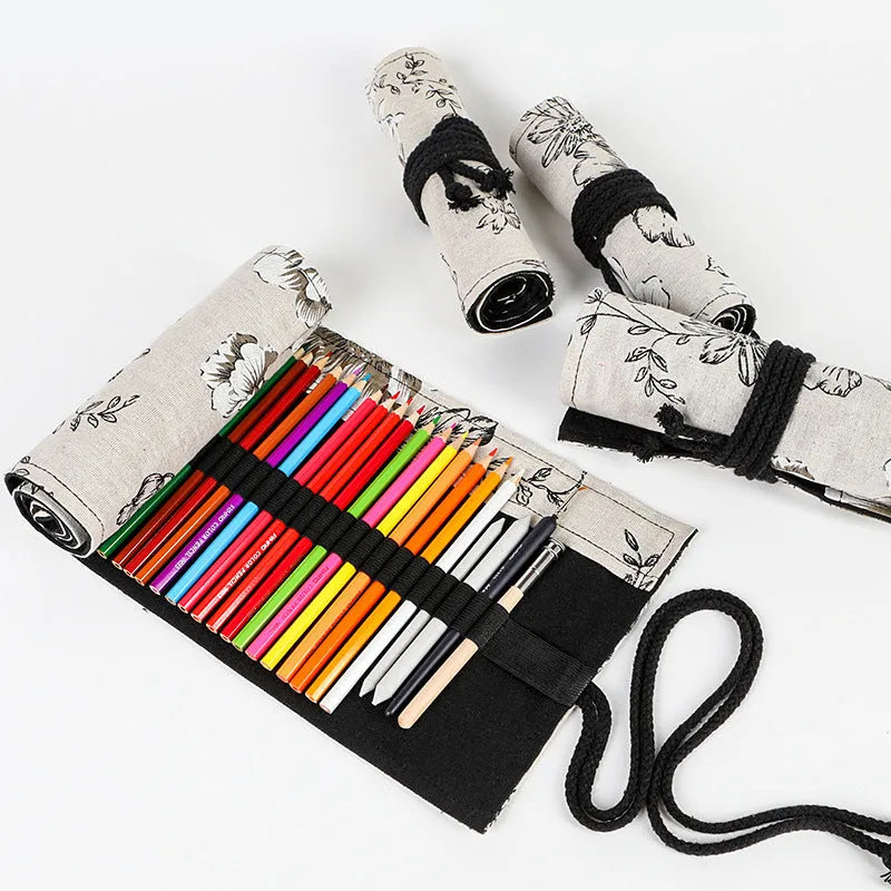 Black Peony floral print cotton hemp pencil roll bag, shown open with 24 holes.