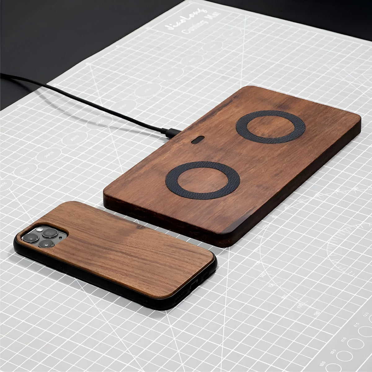 Wooden desktop wireless phone charger in heavy bamboo or black walnut solid wood with 10W output