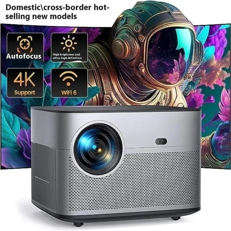 Silver portable 1080P home projector projecting a 100-inch image in a dark bedroom