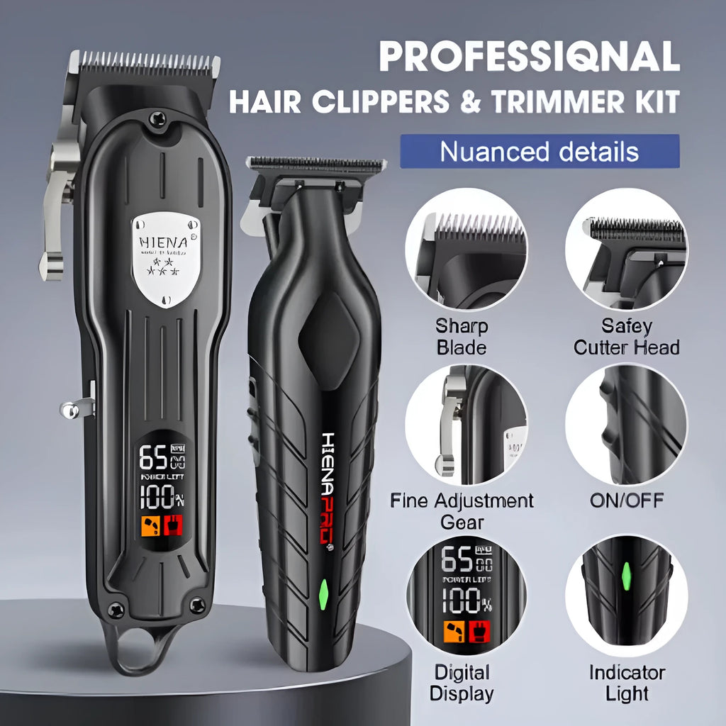Black professional hair clipper set with aluminum foil shaver and LCD display.