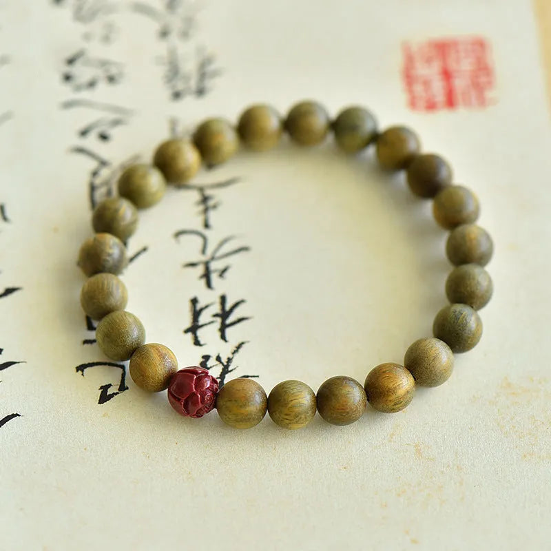 Cinnabar lotus bracelet with guajacwood beads in 8mm and 10mm sizes, retro style, picture colour