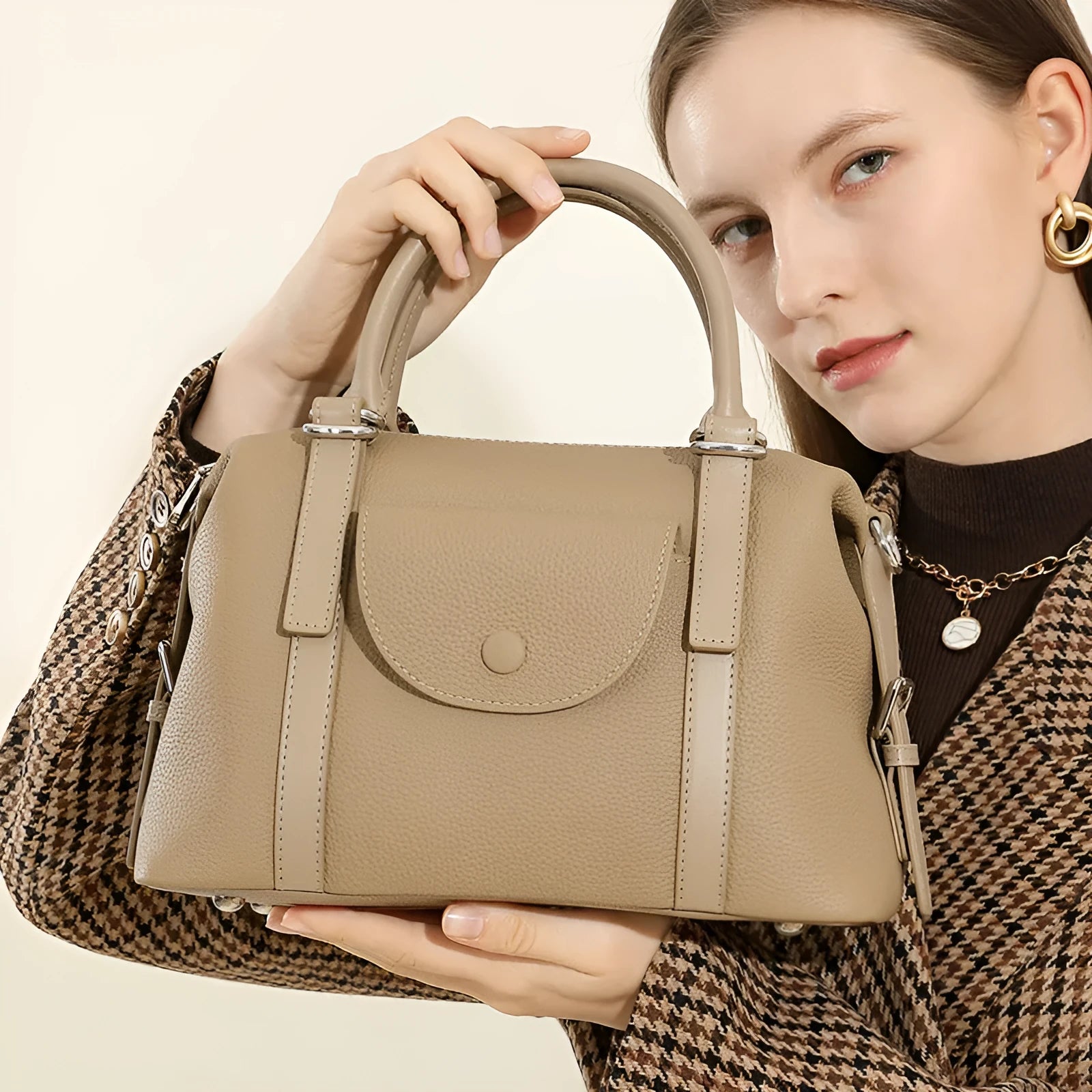 Genuine leather ladies handbag with contrast stitching in black, brown, or elephant grey