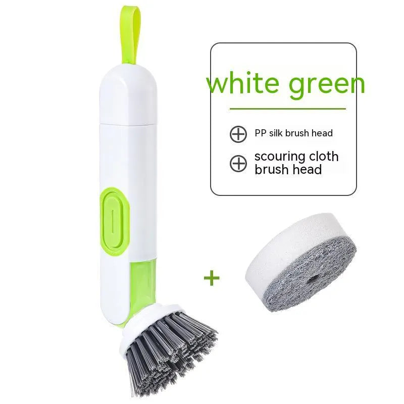 Long-handle kitchen cleaning brush with liquid dispenser and two brush heads in white and green