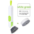 Long-handle kitchen cleaning brush with liquid dispenser and two brush heads in white and green