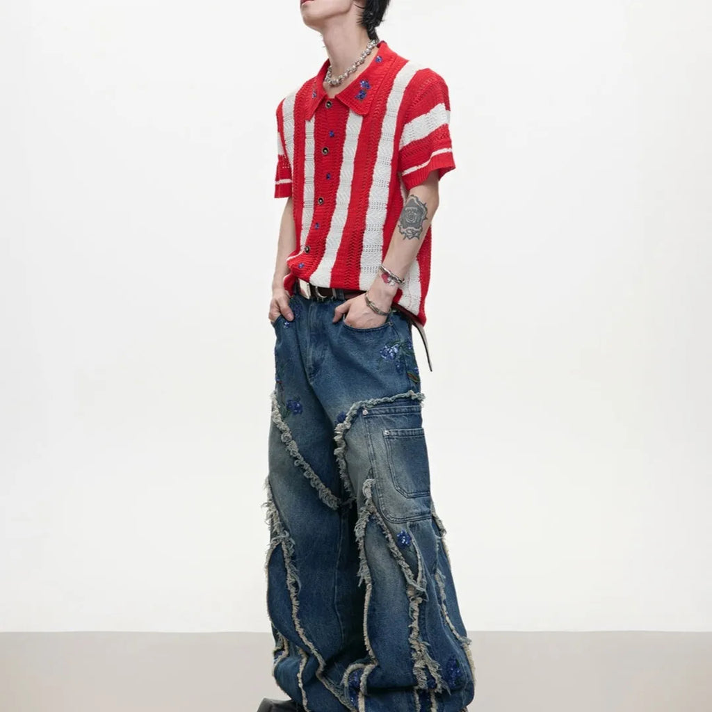 Men's black and red patchwork striped knitted short sleeved shirt with button front and loose fit