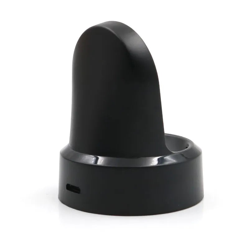 Black PVC smart watch wireless charger base, 47mm x 47mm x 58mm, 63g, USB powered, wrist strap style