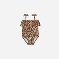 Girls' high elastic one-piece swimsuit in a selection of prints including brown stripes, leopard, and floral patterns.