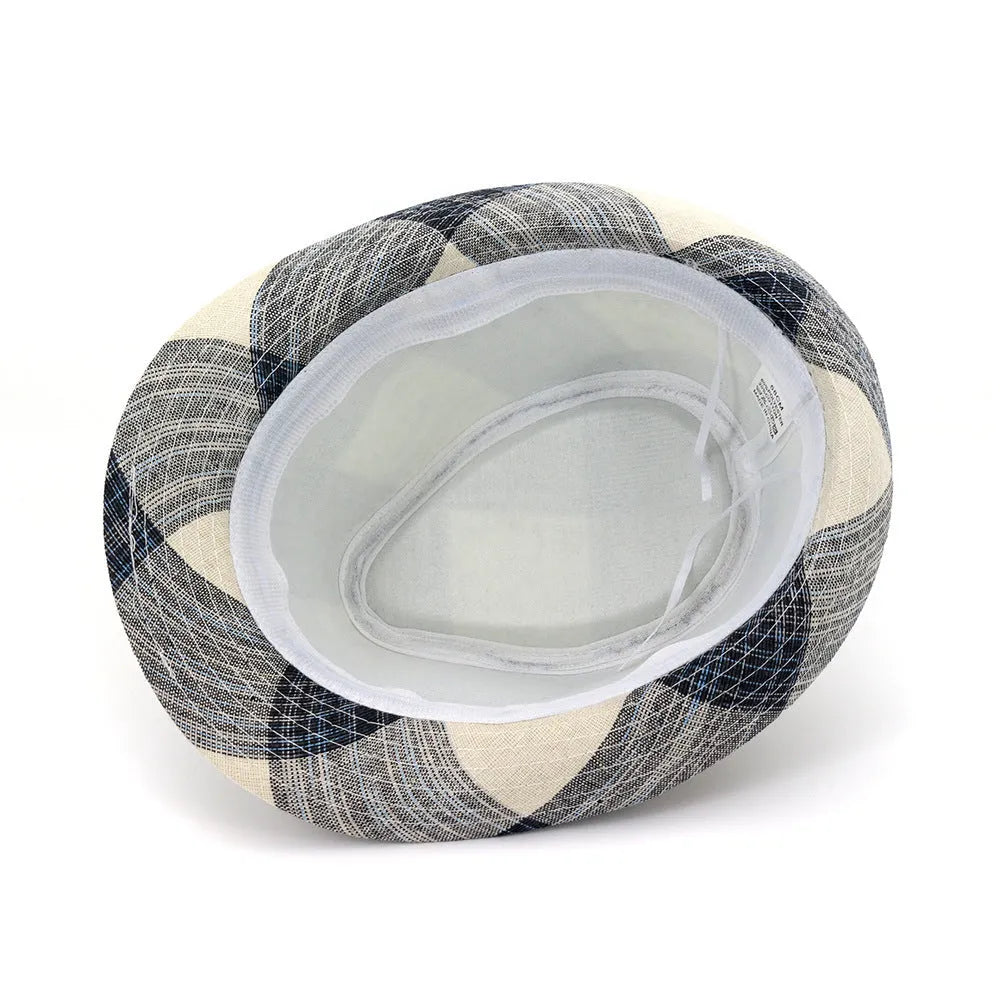Blue polyester sun hat with a bell-shaped crown and a medium brim on a neutral background