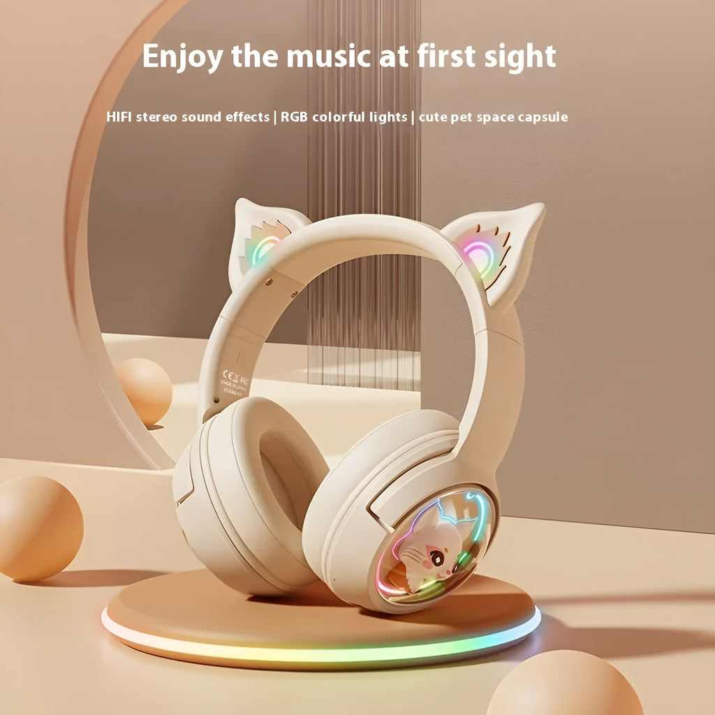 Wireless Bluetooth headset for girls in pink with on-ear design and breathing light