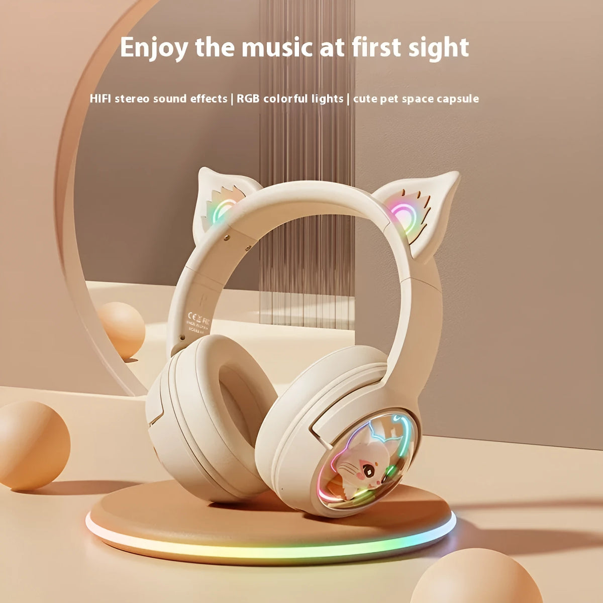 Wireless Bluetooth headset for girls in pink with on-ear design and breathing light
