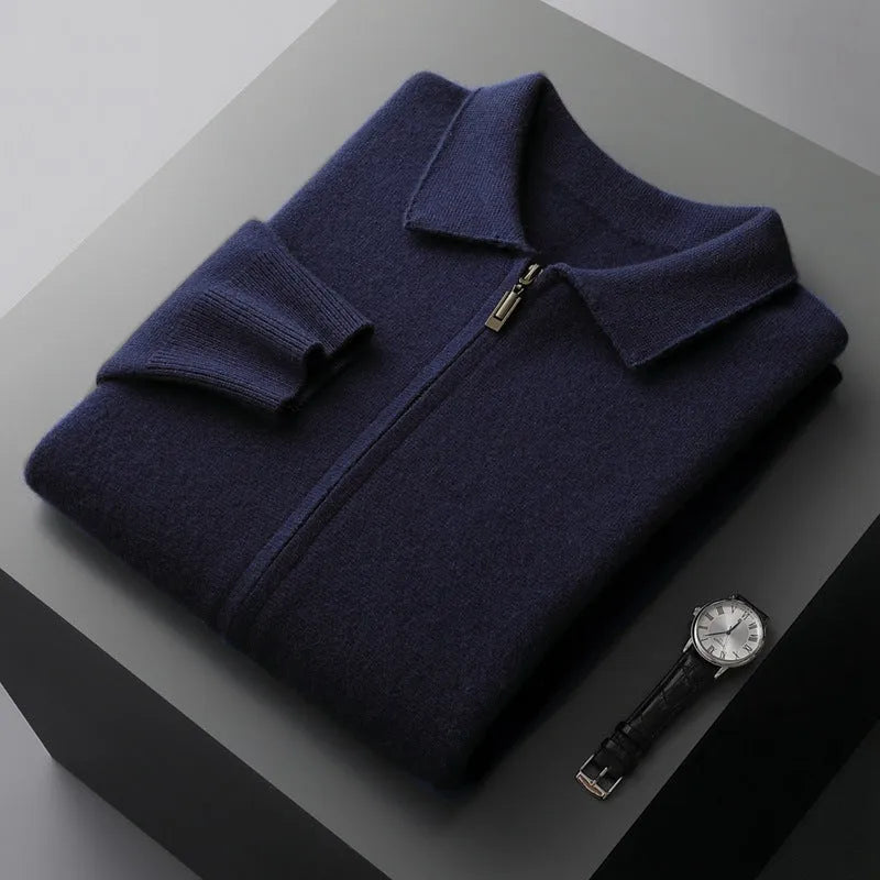 Men's thickened wool knit cardigan suit with loose lapels, long-sleeve top and trousers in camel or purple blue