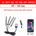 Car interior footwell LED atmosphere lighting kit with 36 lights and controller showing eight colour options