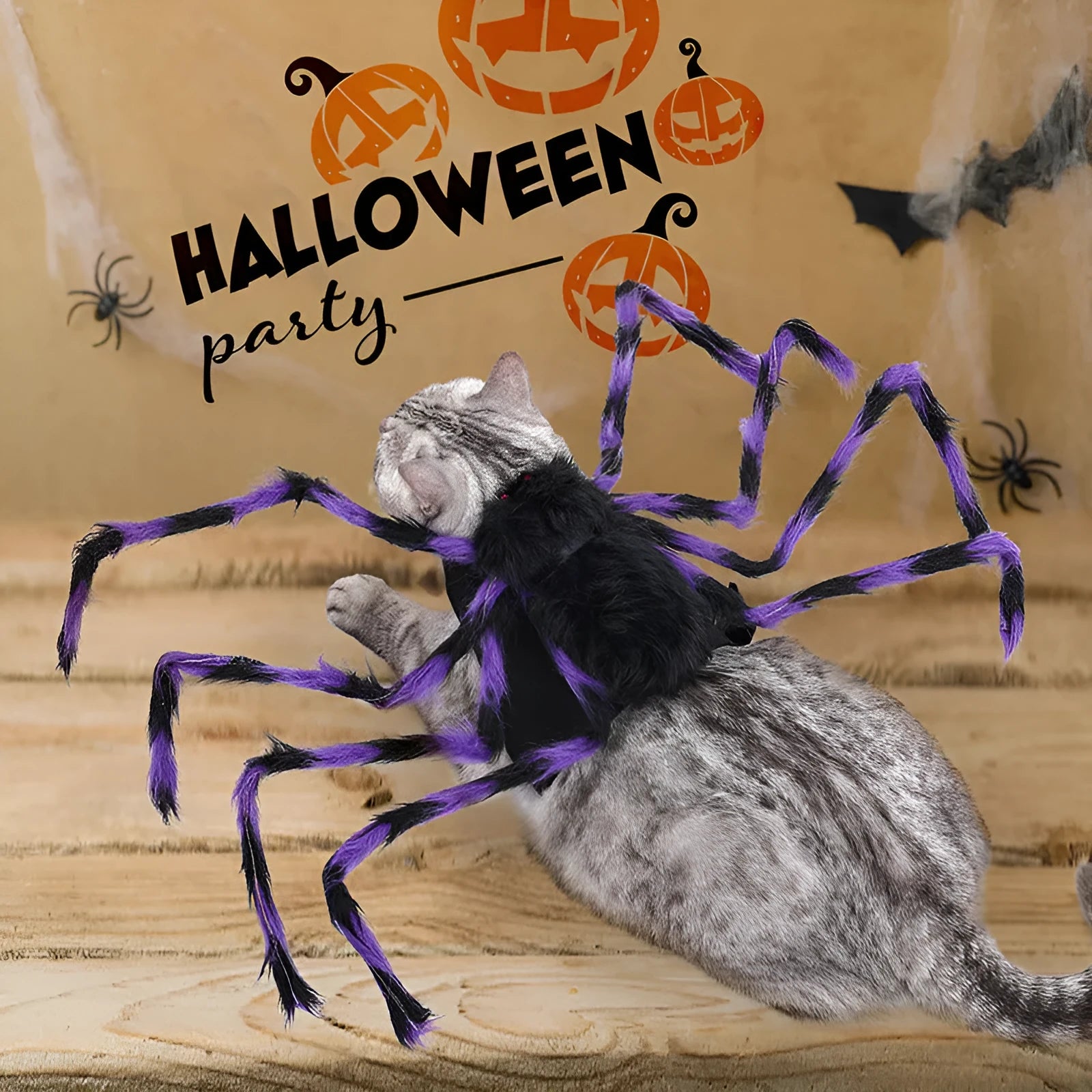 A grey spider costume for a dog or cat, showing the Halloween pet clothing.