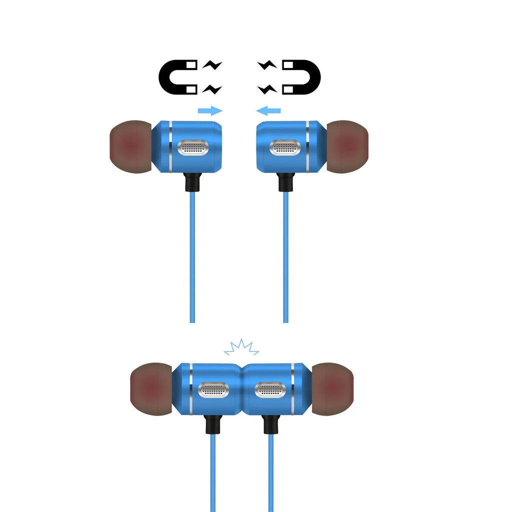 AX-09 magnetic sports Bluetooth headset in blue with ear caps and USB cable
