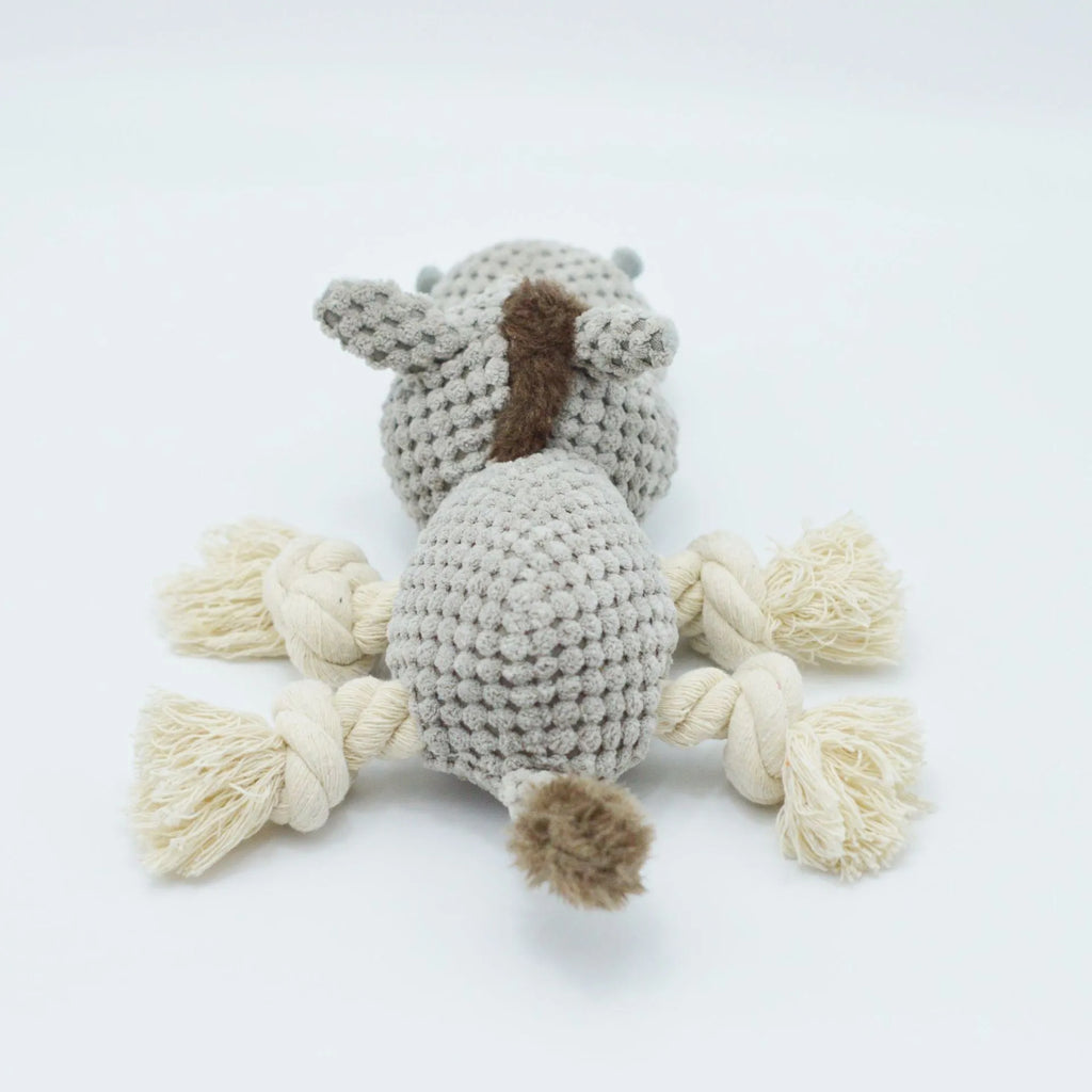 Grey donkey-shaped plush dog toy with squeaker and crinkle sound.