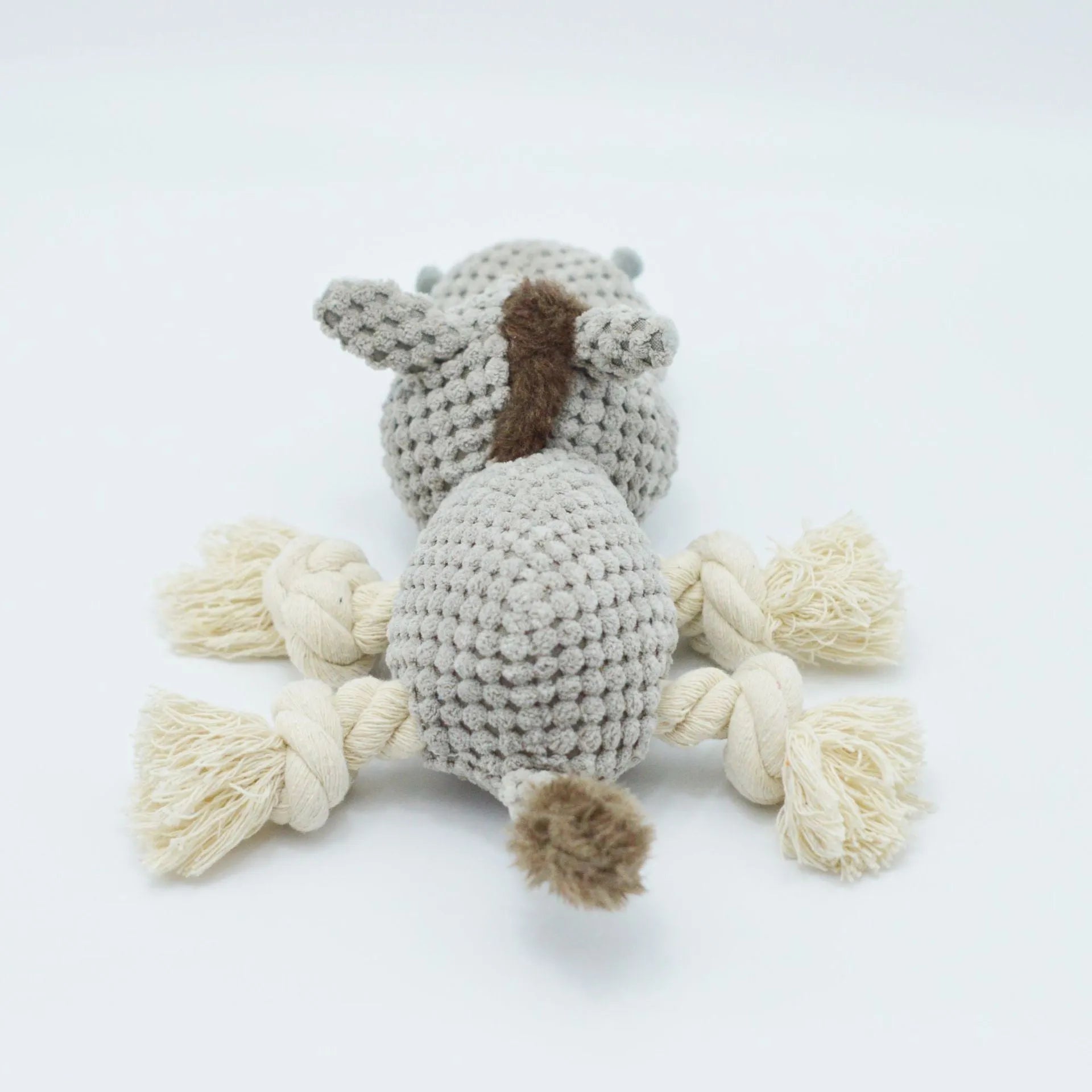 Grey donkey-shaped plush dog toy with squeaker and crinkle sound.