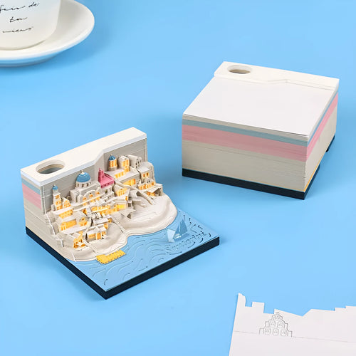 3D paper carving model of Santorini beach with LED lights, made from a notepad
