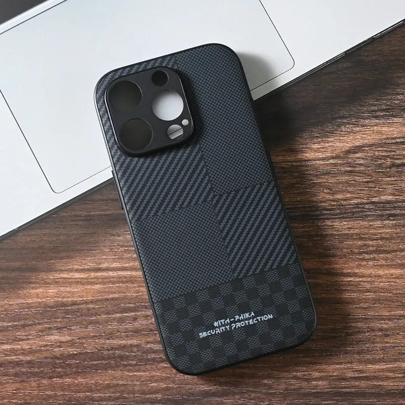 Black pattern imitation leather anti-fall iPhone case, shockproof and fingerprint-proof, for iPhone 11-16 Pro Max