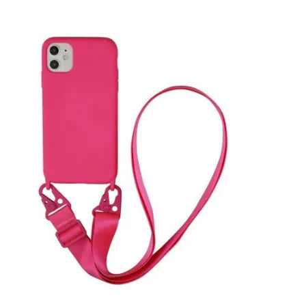 Silicone armband phone case with shoulder strap and lanyard for iPhone 16 series, shown in black.