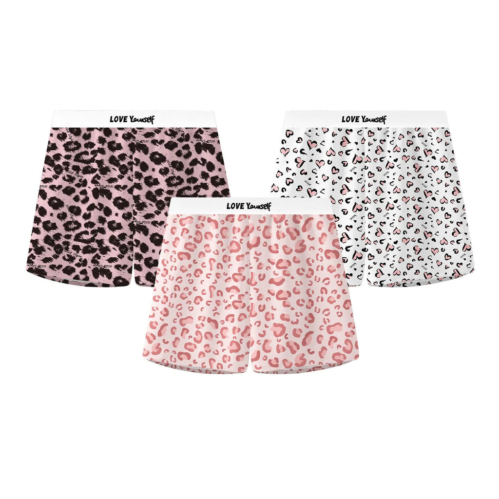 Men's leopard print woven boxer briefs in ice silk fabric showing loose casual fit
