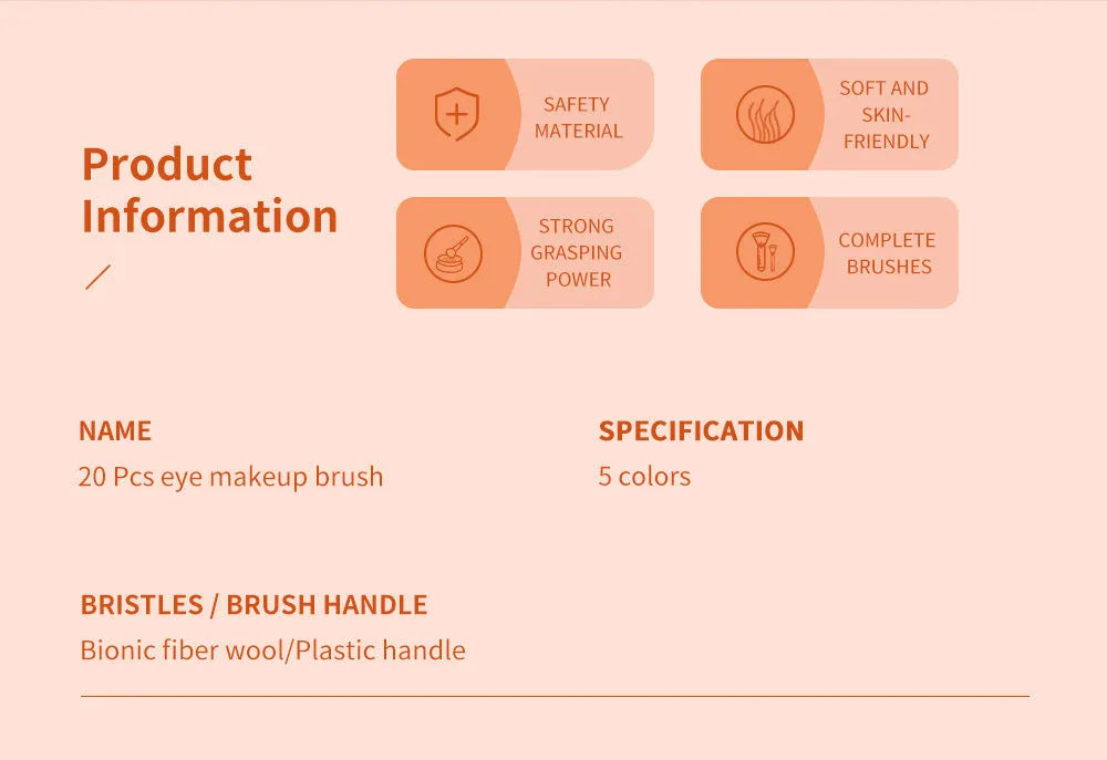 20pc fluorescent makeup brush set with blush, powder, eyeshadow, lip and mascara brushes in nylon wool and plastic