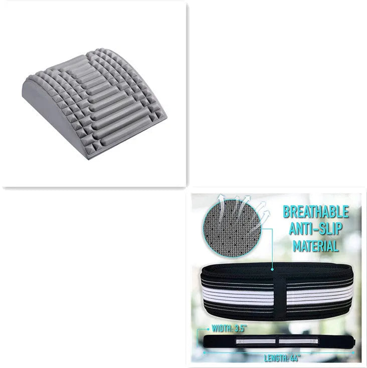 Blue back stretcher pillow for lumbar and neck support on a grey background.