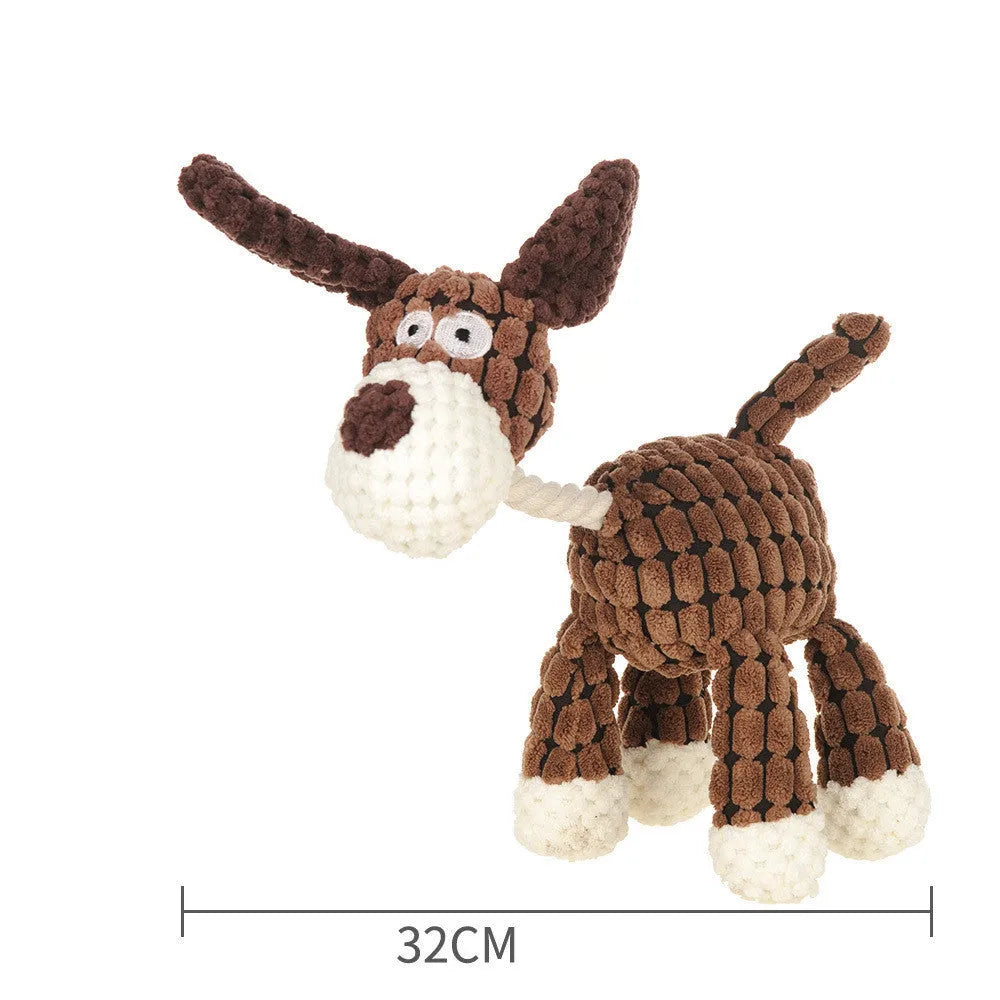 Bite-resistant pet vocal toy plush with squeaker in corduroy and cotton rope, available in Crooked Neck, Fawn, and Frog colours