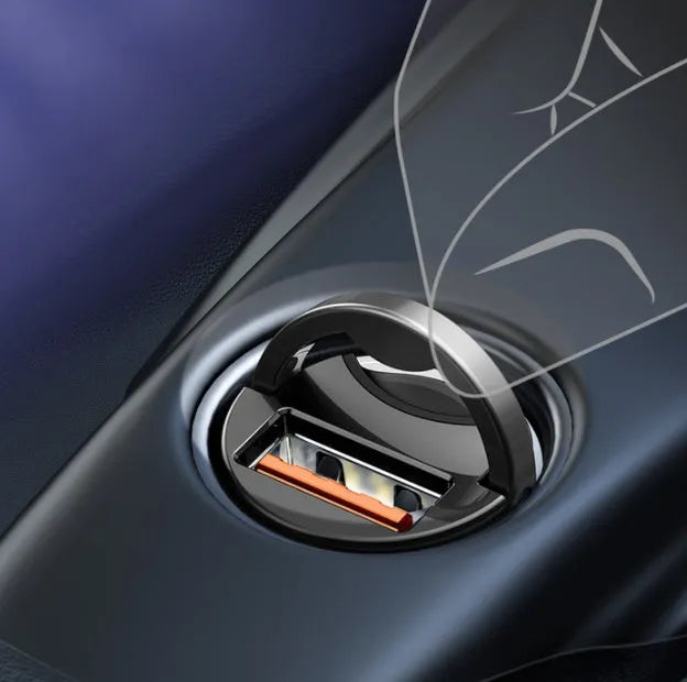 Grey Baseus mini car charger with single USB port and attached 1 metre cable.