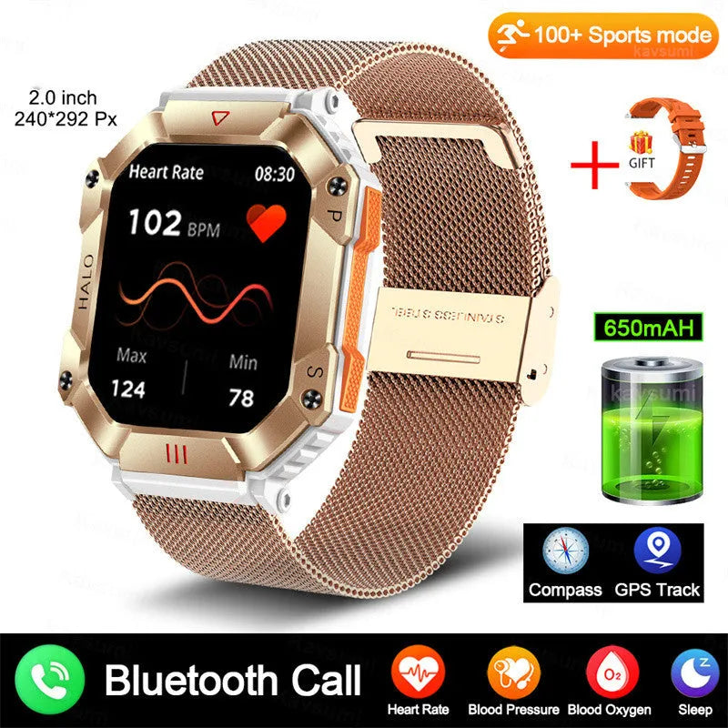 Black Android smart watch for women with titanium alloy case on a leather strap, showing GPS and call functions.