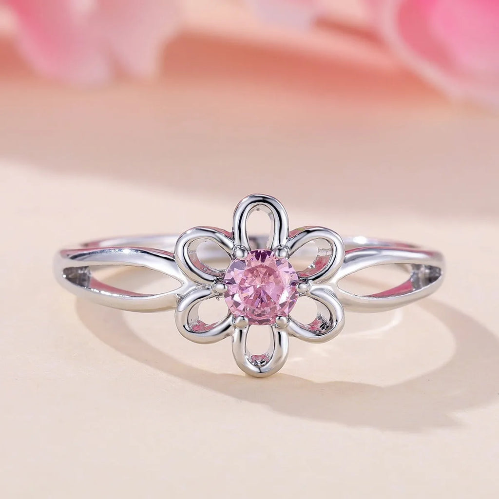 Lady's copper flower hollowed ring with electroplating finish in platinum pink diamond