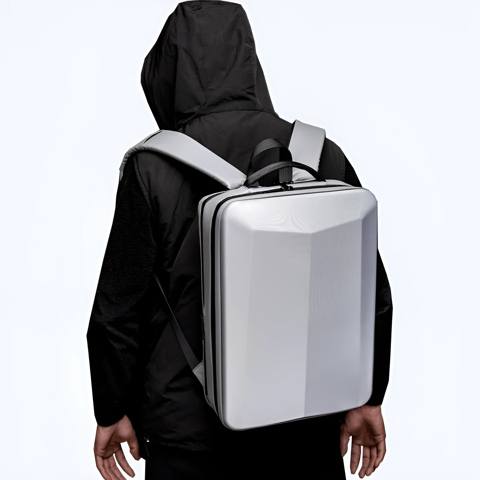 Waterproof ABS PC business backpack in black with curved shoulder straps and Oxford cloth exterior