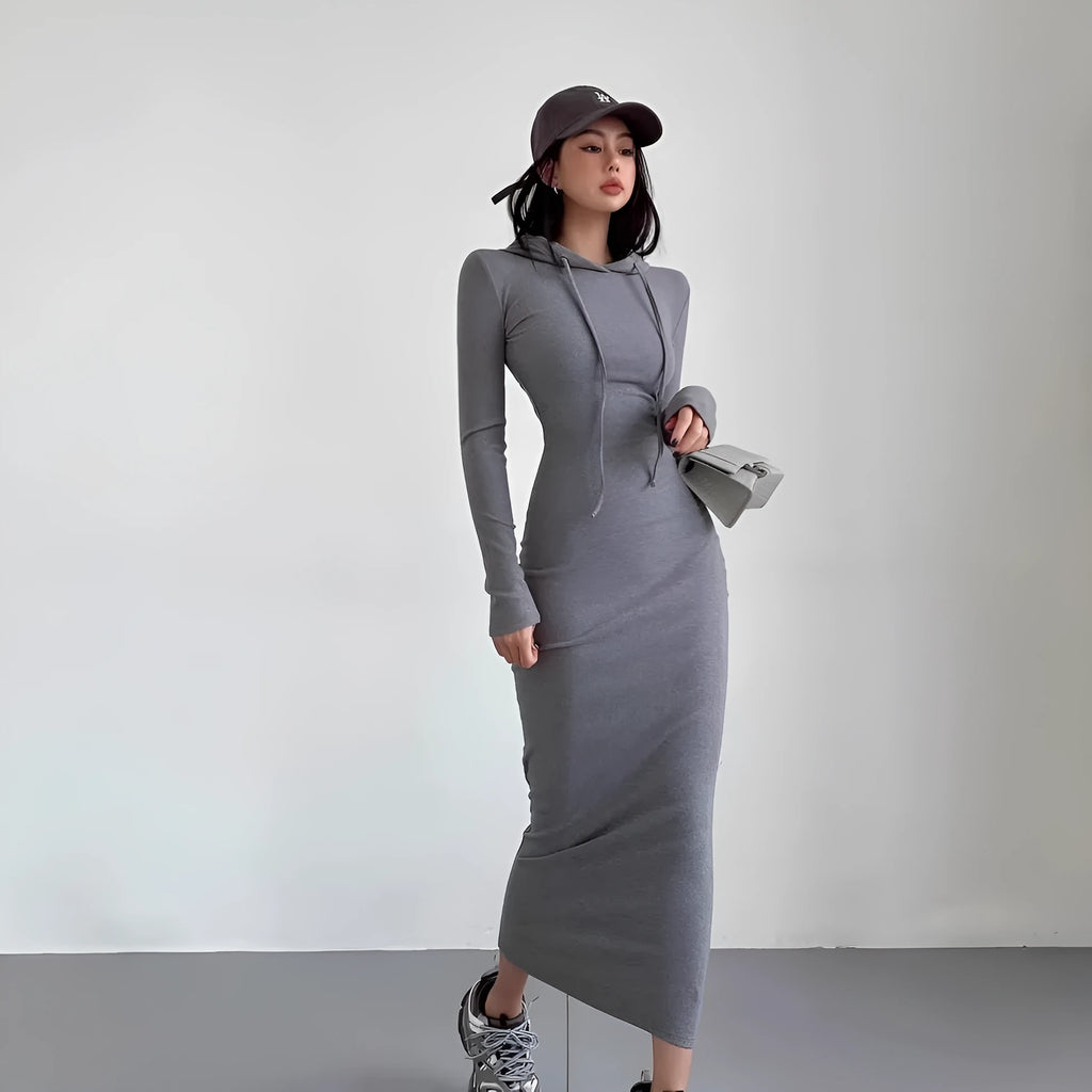 Women's long sleeve hooded sheath dress in light grey, a pullover style with a high waist.