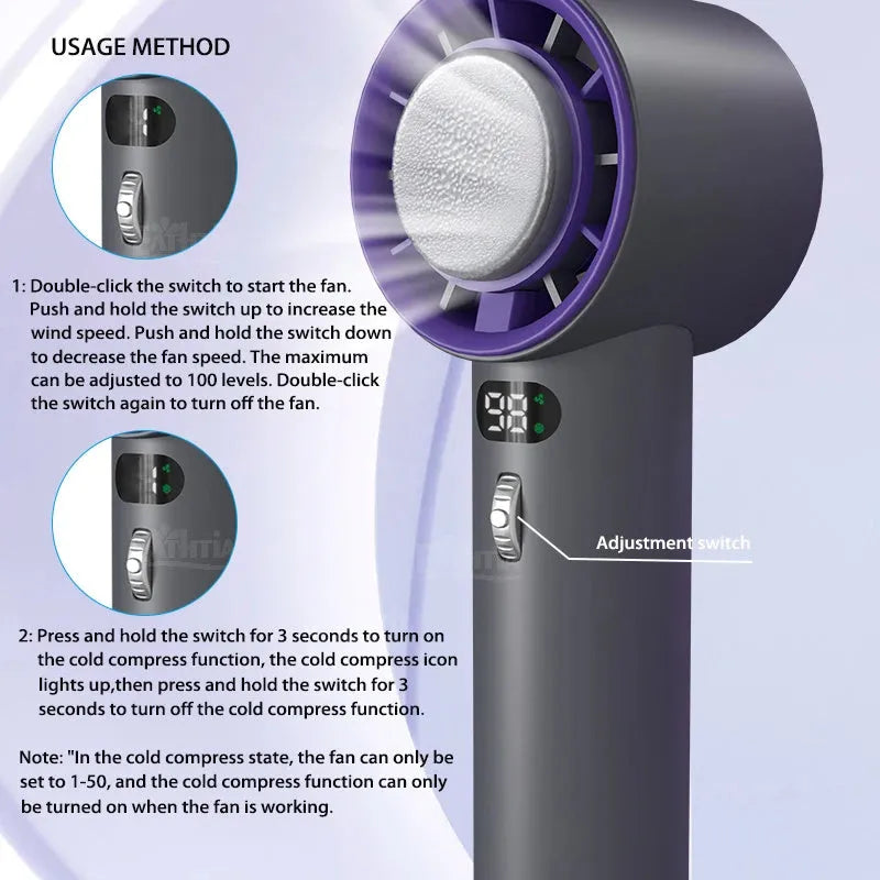 White handheld personal cooling fan showing turbine vent and adjustable controls.